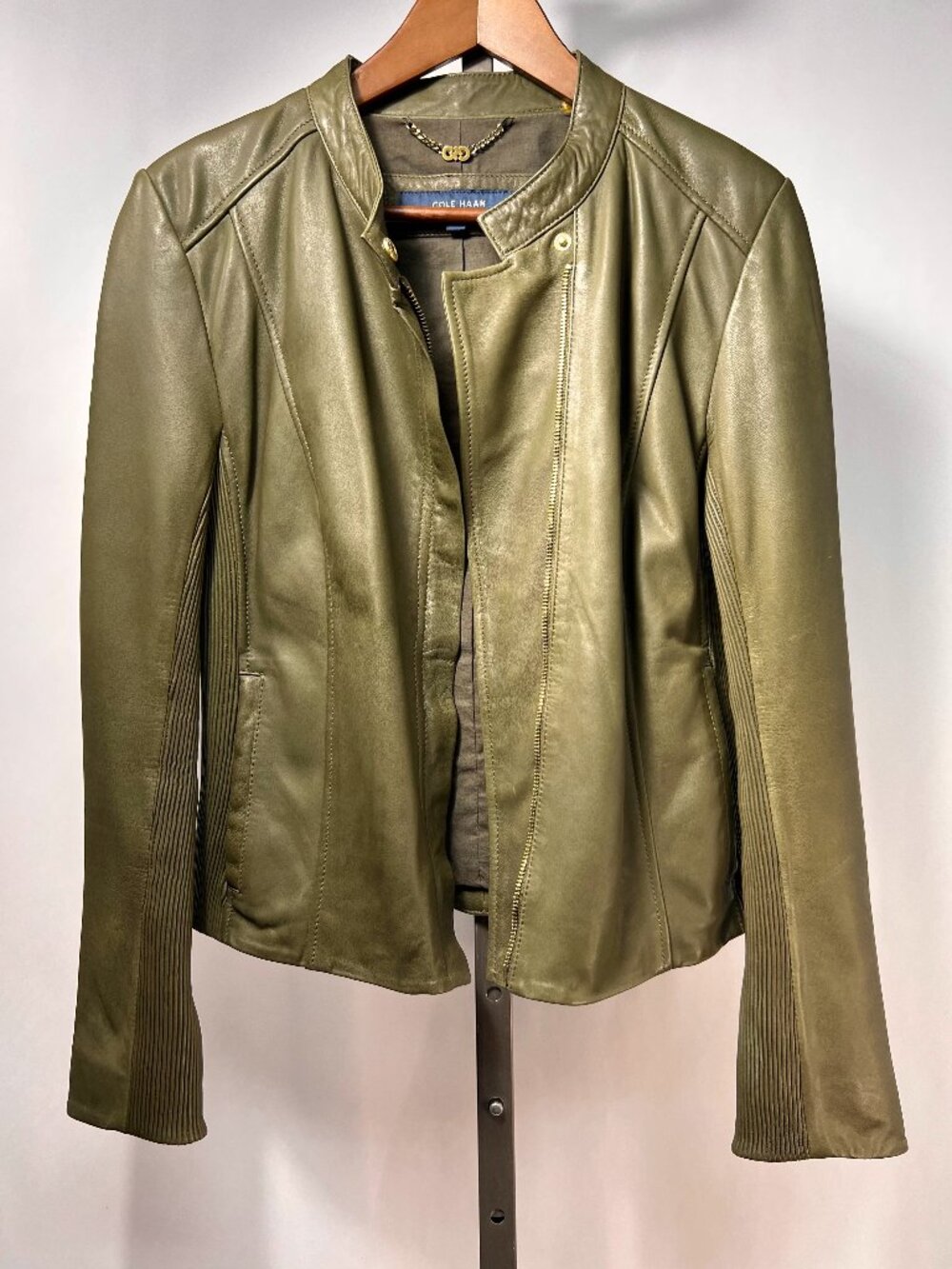 COLE HAAN Band Collar Olive Real Green Lamb Skin Leather Women's  Moto Jacket M